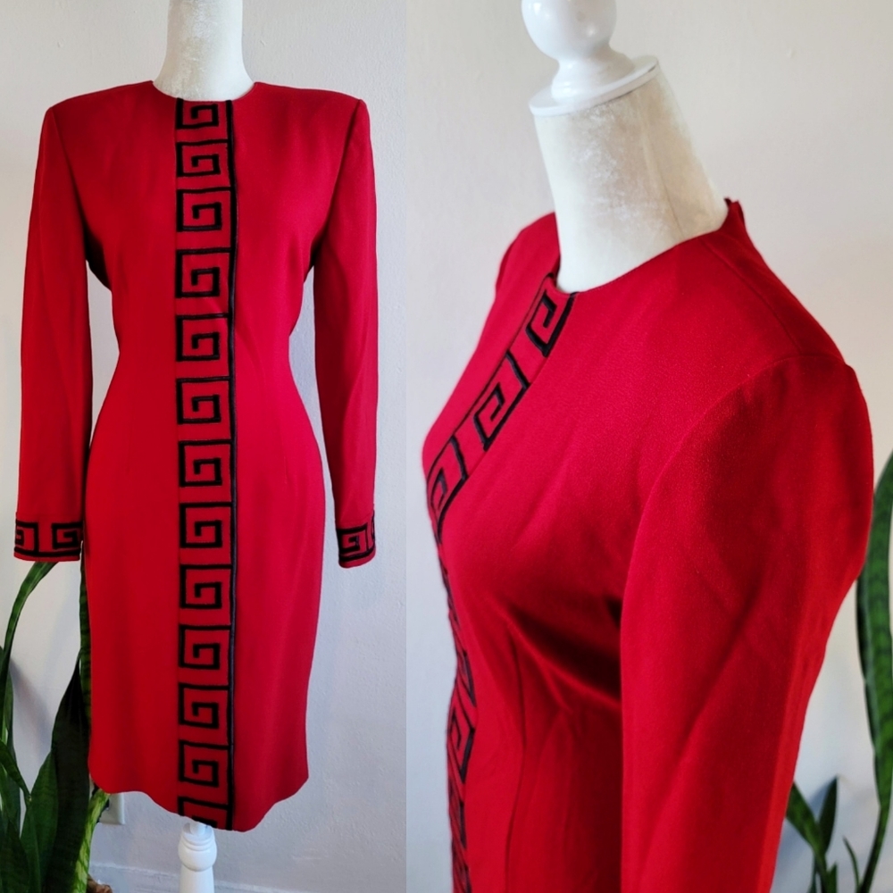 VTG 80s Chetta B Embroidered Wool Sheath Dress